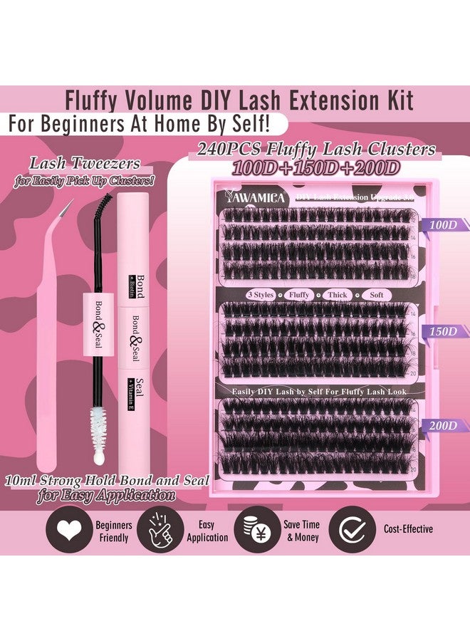 Eyelash Extension Kit Fluffy Thick Volume Lash Extension Kit 1420Mm D Curl Mink Lash Clusters 240Pcs Individual Lashes Kit With Bond And Seal And Lash Applicator Diy At Home For Beginner By Yawamica