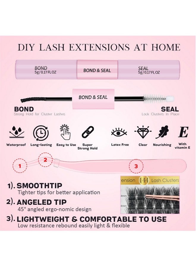 Eyelash Extension Kit With 144 Pcs Diy Lash Clusters Bond And Seal And Tweezers D Curl Reusable Individual Lashes Cluster Super Thin Band & Soft For Beginners Self Application Diy At Home By Kmilro