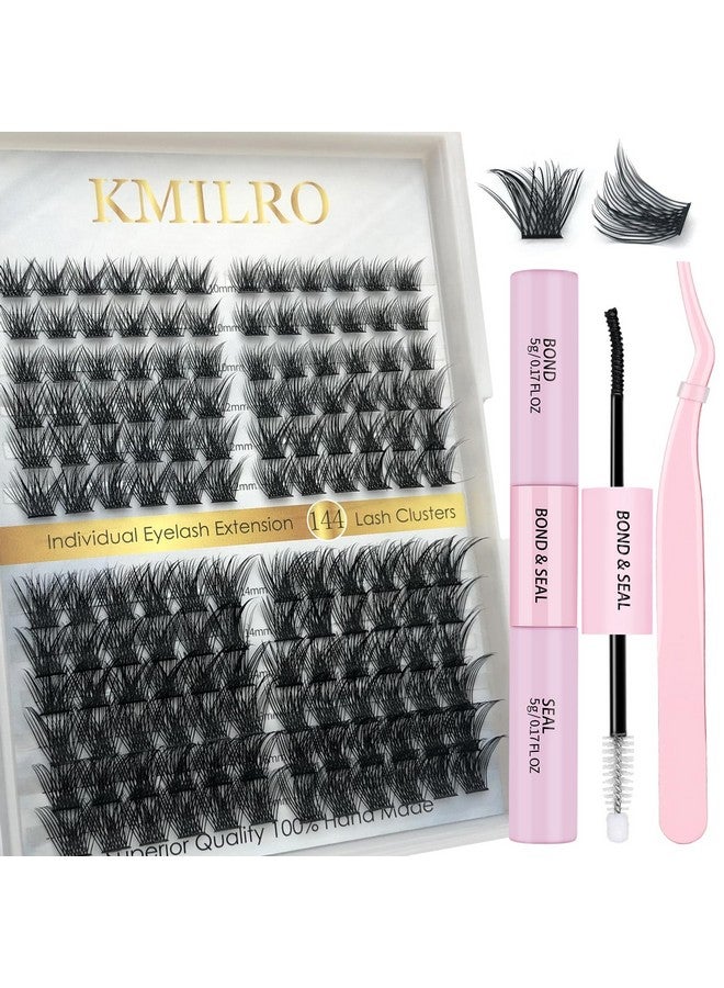 Eyelash Extension Kit With 144 Pcs Diy Lash Clusters Bond And Seal And Tweezers D Curl Reusable Individual Lashes Cluster Super Thin Band & Soft For Beginners Self Application Diy At Home By Kmilro