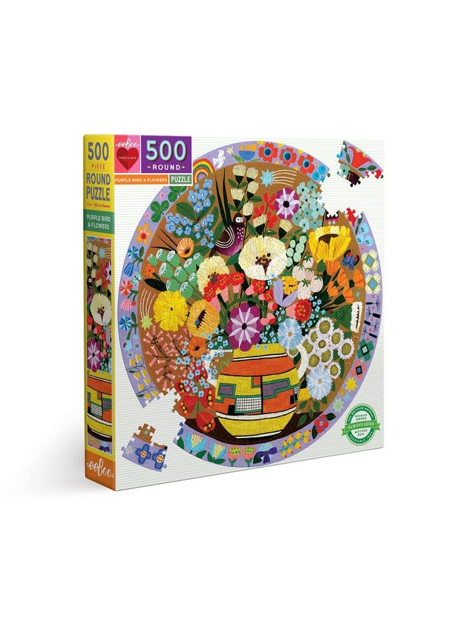 : Piece And Love Purple Bird And Flowers 500 Piece Round Jigsaw Puzzle Sturdy Puzzle Pieces A Cooperative Activity With Friends And Family