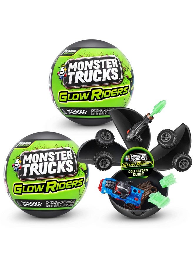 Monster Trucks Glow Riders Series 2 By Zuru (2 Pack) Glow In The Dark Miniature Mystery Collectible Capsules Mini Toy Truck Battle Toys For Boys Kids Teens