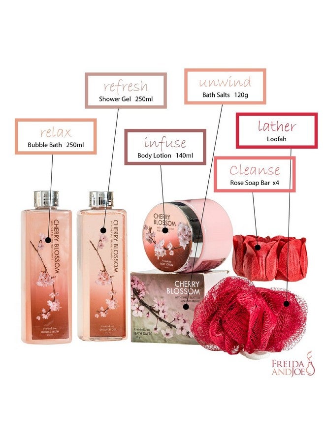 Deluxe Cherry Blossom Relaxing Spa Basket For Women: Indulge Bath Set Home Spa Package In A Wooden Curio