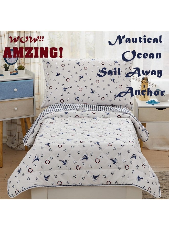 Nautical Toddler Bedding Set For Boys With Coastal Ocean Anchor Sail Away Toddler Comforter Flat Top Sheet Fitted Sheet & Pillowcase 4Pcs