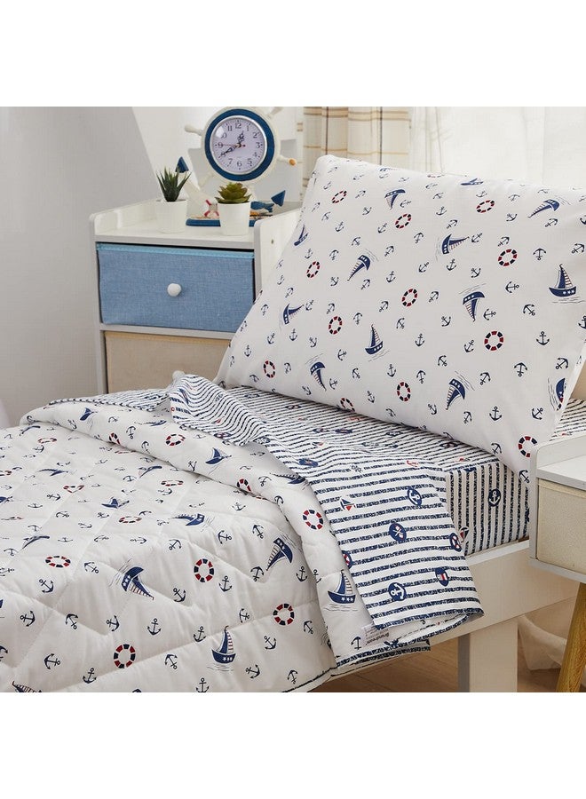 Nautical Toddler Bedding Set For Boys With Coastal Ocean Anchor Sail Away Toddler Comforter Flat Top Sheet Fitted Sheet & Pillowcase 4Pcs