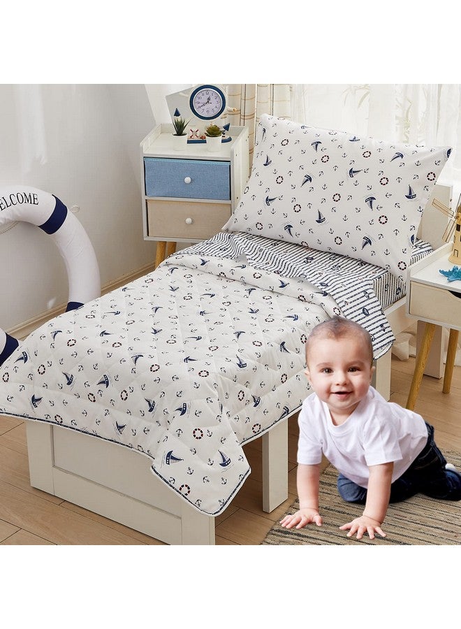 Nautical Toddler Bedding Set For Boys With Coastal Ocean Anchor Sail Away Toddler Comforter Flat Top Sheet Fitted Sheet & Pillowcase 4Pcs