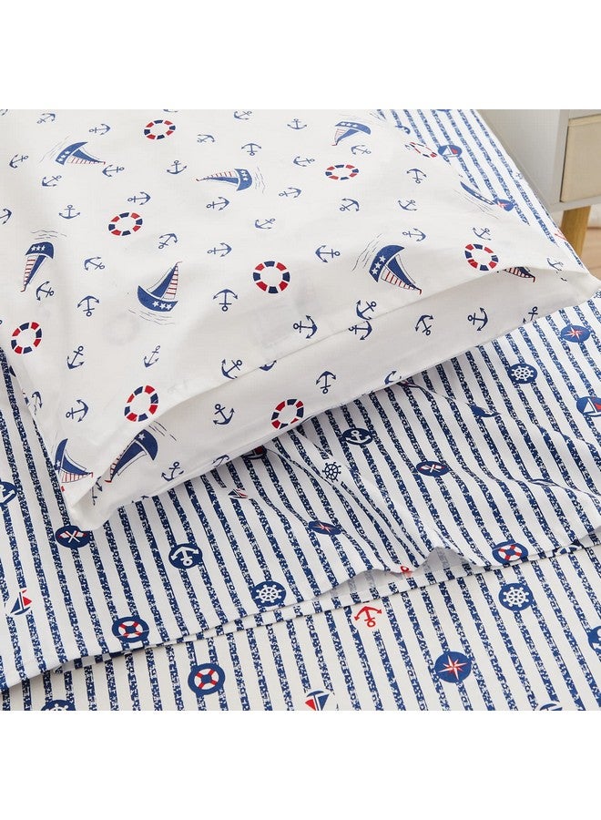 Nautical Toddler Bedding Set For Boys With Coastal Ocean Anchor Sail Away Toddler Comforter Flat Top Sheet Fitted Sheet & Pillowcase 4Pcs