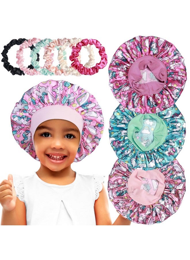 3Pcs Satin Bonnets For Kids Sleeping Cute Hair Bonnet With Scrunchies For Girls Curly Hair A