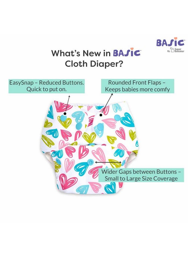 Basic Reusable Cloth Diaper With New Quick Dry Ultrathin Pads 100% Cloth Freesize Diapers For Baby 03 Yrs Stay Dry & Lasts Up To 3Hrs Trim Fitting Dries 2Times Faster Hearts