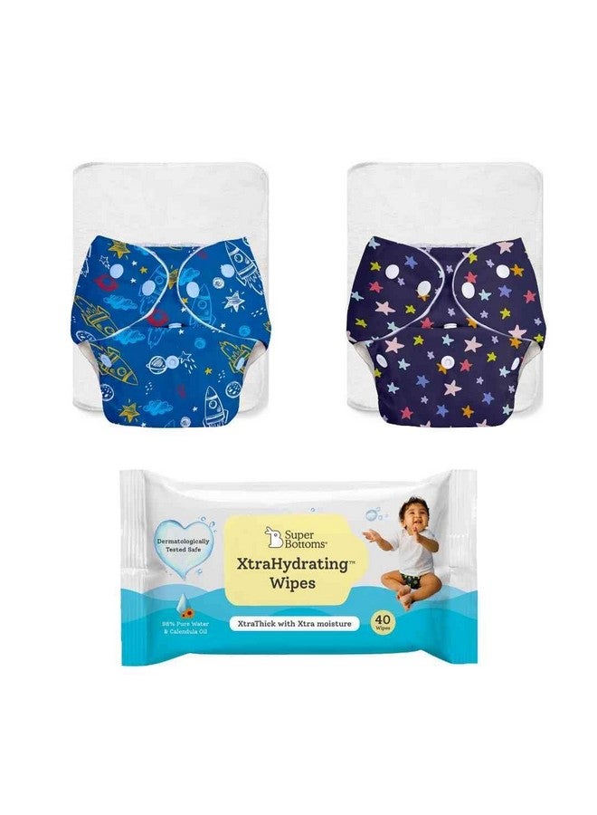 Basic 2 Reusable Cloth Diaper (Assorted) 3M3Yrs & Pack Of 40 Xtrahydrating™ Wipes Free Unscented Baby Wipes 3.5X Extra Moisture Adjustable Organic Diapers For Day Time (With 2 Quick Dry Pad)