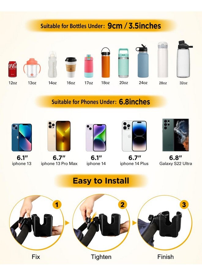 Universal Stroller Cup Holder With Mobile Phone Case 2In1 Strollers Storage Rack 360 Degrees Rotation Drink Holder For Bike Pushchair Wheelchair Walkerbicycle Fits Most Cups