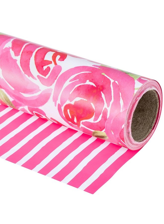 Reversible Wrapping Paper Roll Mini Roll Watercolor Style Pink Rose And Stripe Pattern Great For Mother'S Day Birthday Party Wedding And More 17 Inches X 32.8 Feet