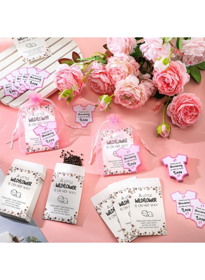 100 Sets Baby Shower Favors Gift Baby In Bloom Baby Shower 100 Wildflower Kraft Seed Packets 100 Baby Shower Favor Tags 100 Organza Bag Self Adhesive Seed Envelopes No Seeds (Pink)