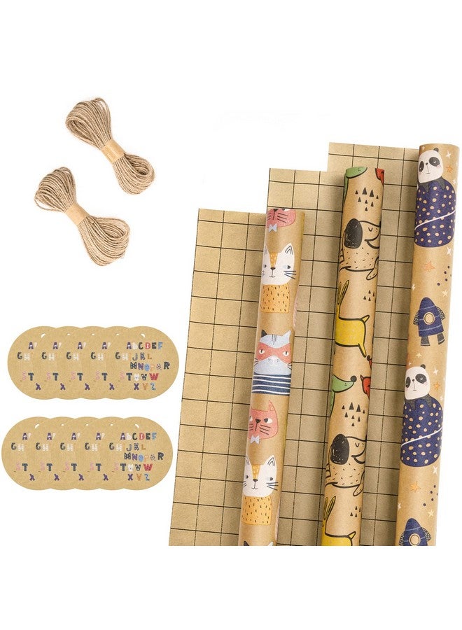 Wrapping Paper Rolls With Gift Tags And Jute String Mini Roll 17 Inches X 10 Feet Per Roll Total Of 3 Rolls Animal