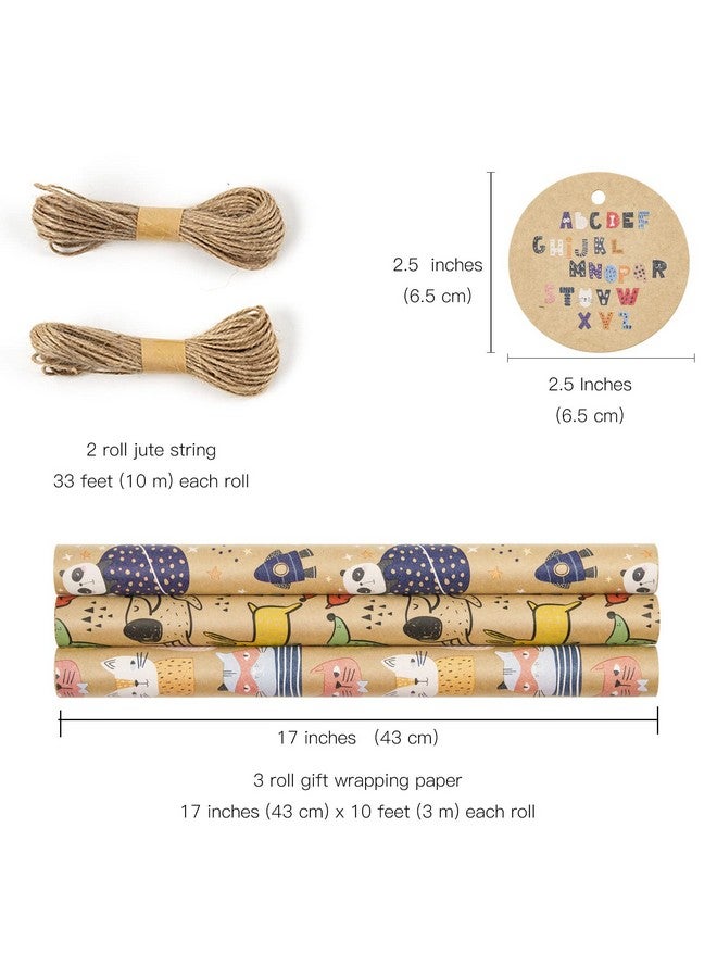 Wrapping Paper Rolls With Gift Tags And Jute String Mini Roll 17 Inches X 10 Feet Per Roll Total Of 3 Rolls Animal