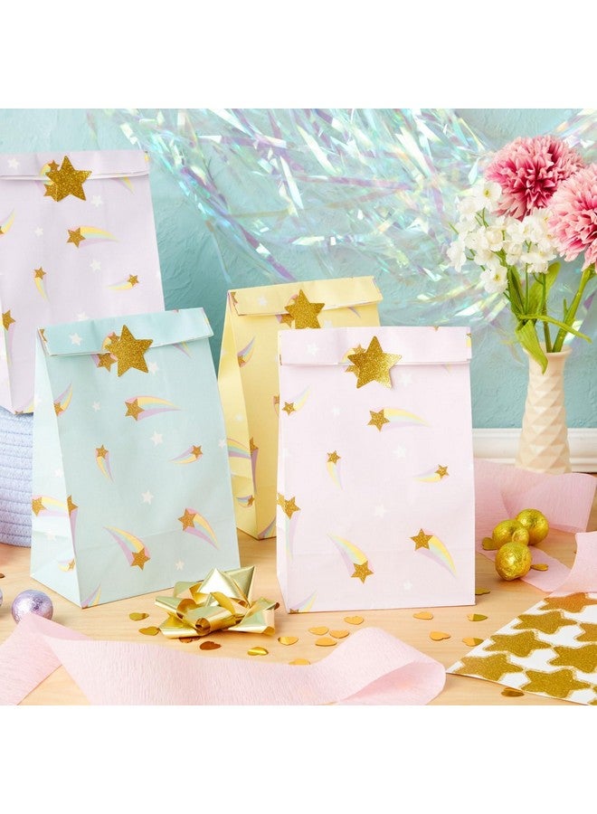 24 Pack Of Pastel Party Favor Bags With Gold Foil Star Stickers For Rainbow Birthday Party Supplies (4 Colors 8.5 In)