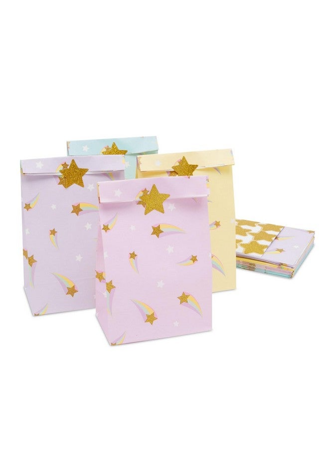 24 Pack Of Pastel Party Favor Bags With Gold Foil Star Stickers For Rainbow Birthday Party Supplies (4 Colors 8.5 In)