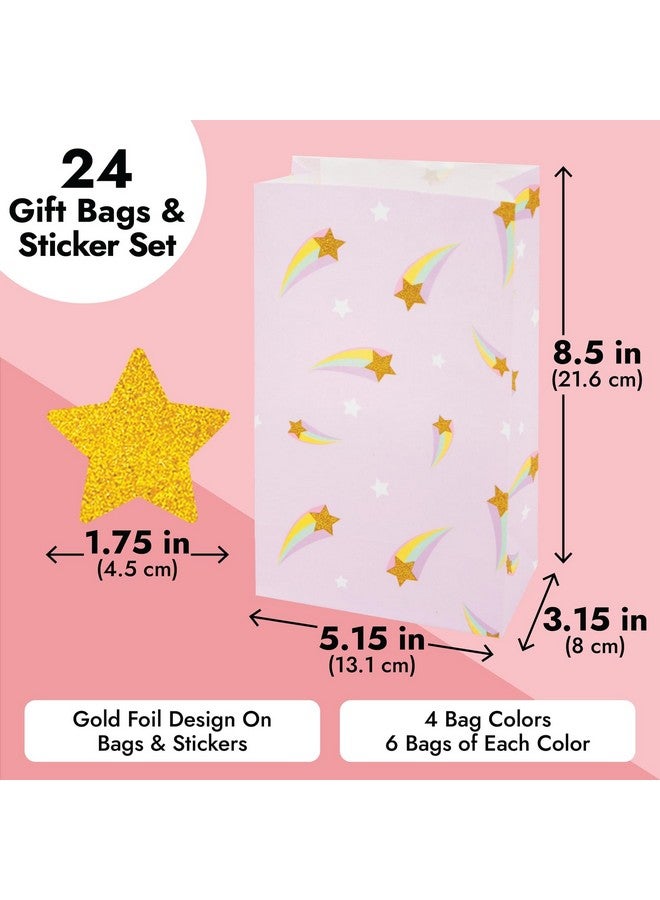 24 Pack Of Pastel Party Favor Bags With Gold Foil Star Stickers For Rainbow Birthday Party Supplies (4 Colors 8.5 In)