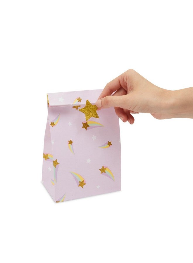 24 Pack Of Pastel Party Favor Bags With Gold Foil Star Stickers For Rainbow Birthday Party Supplies (4 Colors 8.5 In)