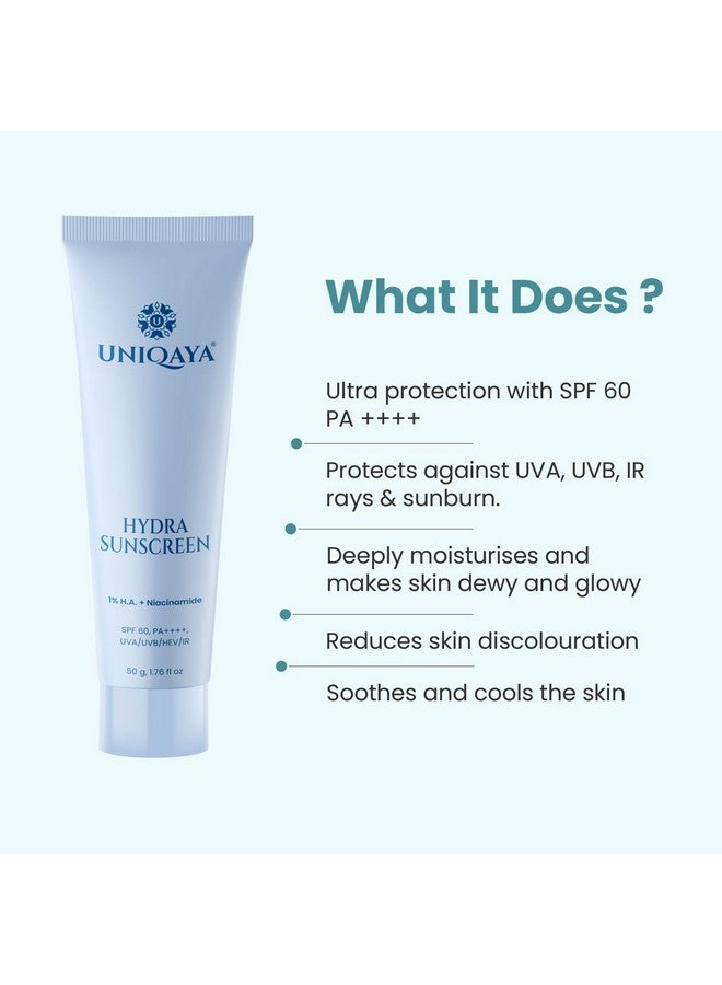 Hydra Sunscreen Spf 60 Pa++++ Hyaluronic Acid & Niacinamide Sunscreen For All Skin Types Hydrating Sunscreen For Oily Skin With Bluelight Protection Lightweight (50Gm)