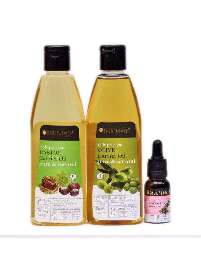 Olive Carrier Oil 225Ml Castor Carrier Oil 225Ml & Rosemary Essential Oil 15 Ml Combo For Hair Growth Long Shiny Frizz Free & Thicker Eyebrows And Eye Lashes Pack Of 3 (Free Dropper)