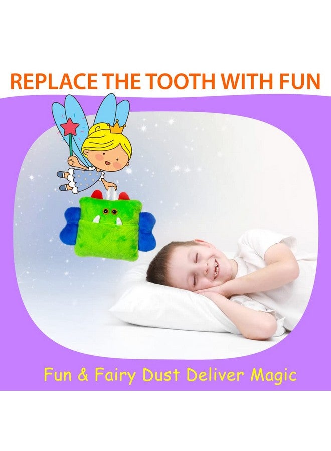 Tooth Fairy Pillow For Boys Fun Tooth Fairy Kit Includes (1) Monster Tooth Fairy Pouch With Door Hanger (4) Money Stickers Fairy Glitter Dust (8) Magical Toothfairy Notes And Fun Receipts