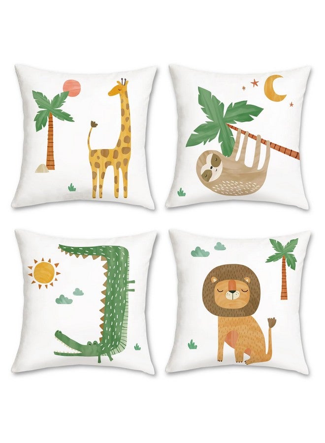 Jungle Animals Throw Pillow Covers 18X18 Set Of 4 Giraffe Lion Crocodile Sloth Decorative Pillows Case Soft Velvet Cushion Covers For Kids Baby Nursery Decor