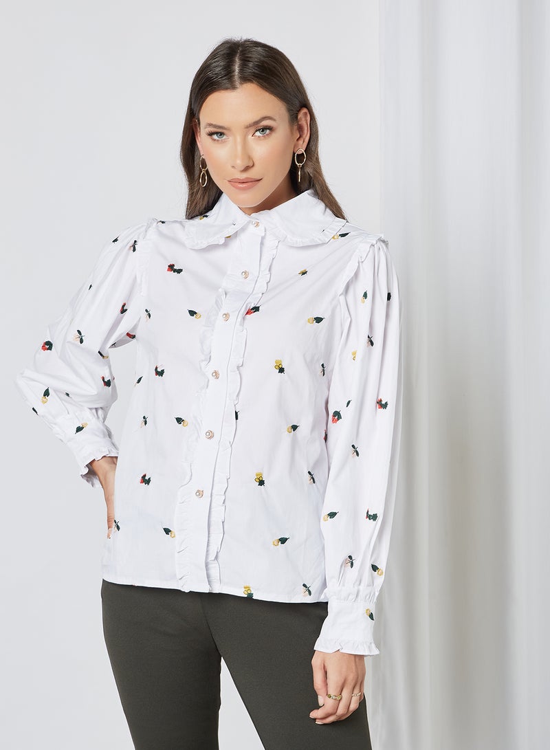 Posy Embroidered Ruffle Shirt White