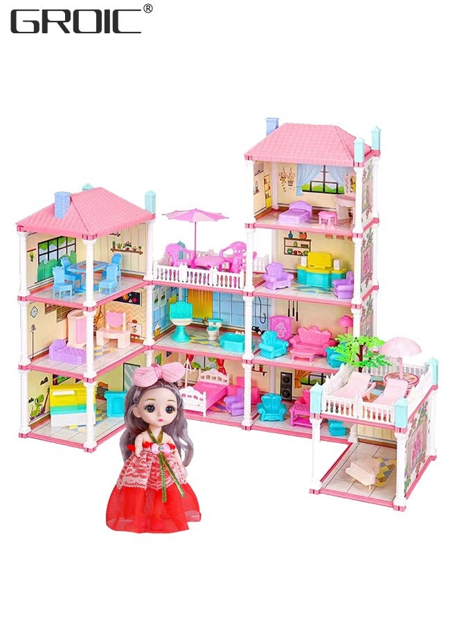 Dollhouse Dreamhouse Building Toys Figure Furniture, DIY House, Accessories, Pets & Dolls,Flashing Lights,Pink Play Dream House for Girls