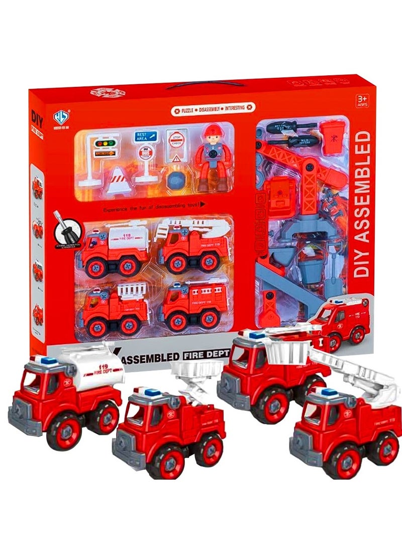 UKR 4 Fire Engine Truck Playset - Large Fire Station Game for Boys | Includes Red Cars, Traffic Signs & Accessories | Perfect Birthday Gift & Present