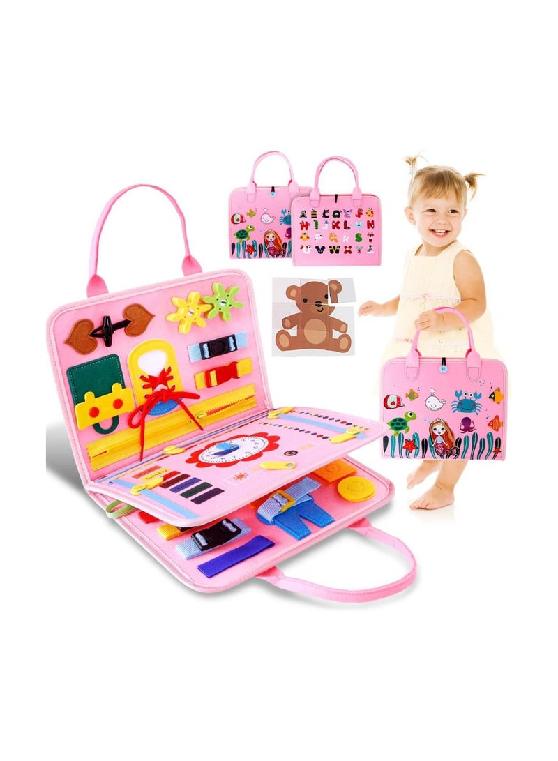 Busy Board Books, Montessori Sensory Activity Board for Early Learning, Multifunctional Portable Quiet Book, Travel Carry-on Toy, Preschool Kids Learning Life Skills & Fine Motor Skills, Kid-Friendly Felt Material Board Game, Pink Mermaid Design