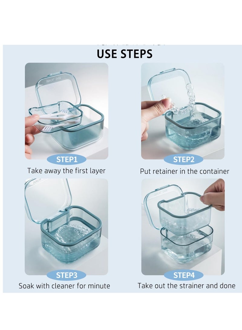 Leak Proof Denture Case, Retainer Case Orthodontic Denture Cup with Strainer, with Drain Tray, for Dentures, Partial Dentures, Traditional Braces, Etc