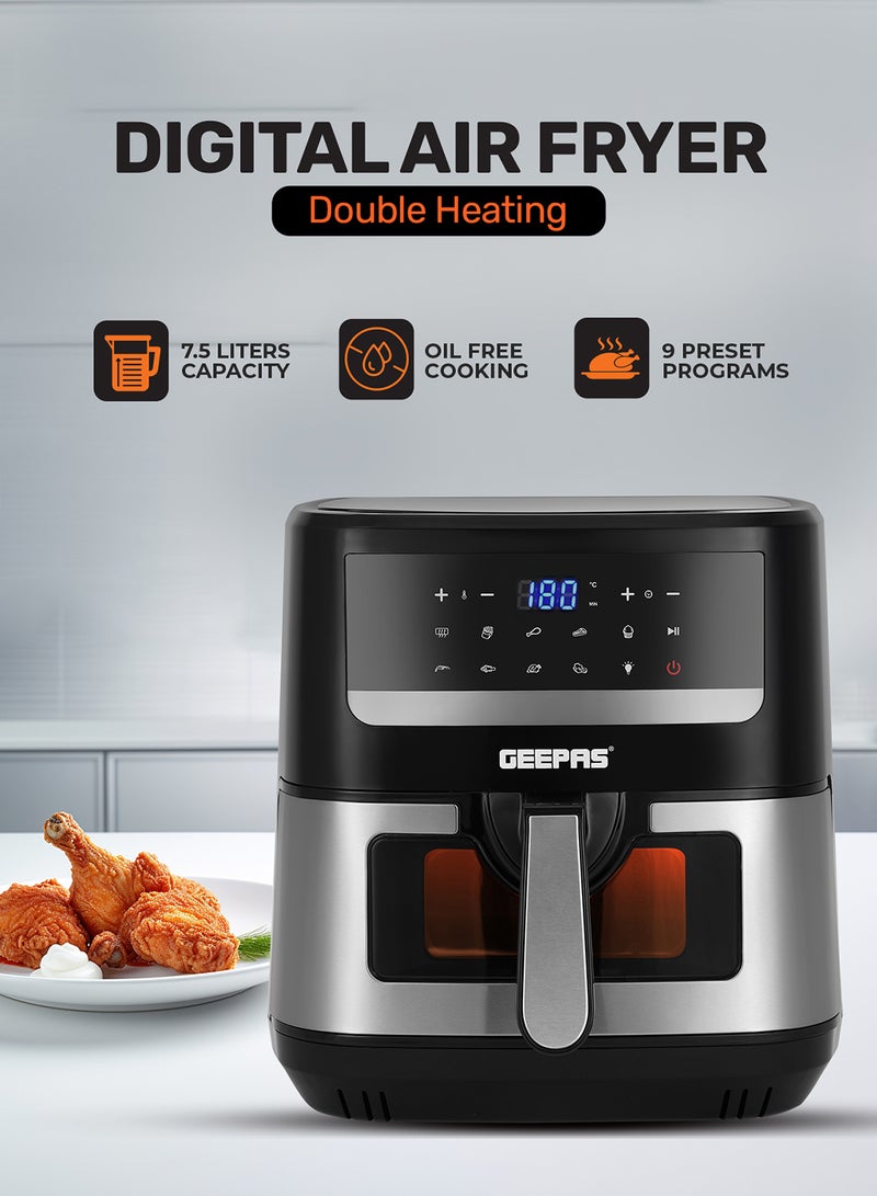 Double Heating Digital Air Fryer 7.5 L | Vortex Frying Technology | Digital Display 1-60 min Timer | 9 Preset Programs, Fries Chicken & more | 2 Years Warranty 7.5 L 2150 W GAF37543 Black/Silver