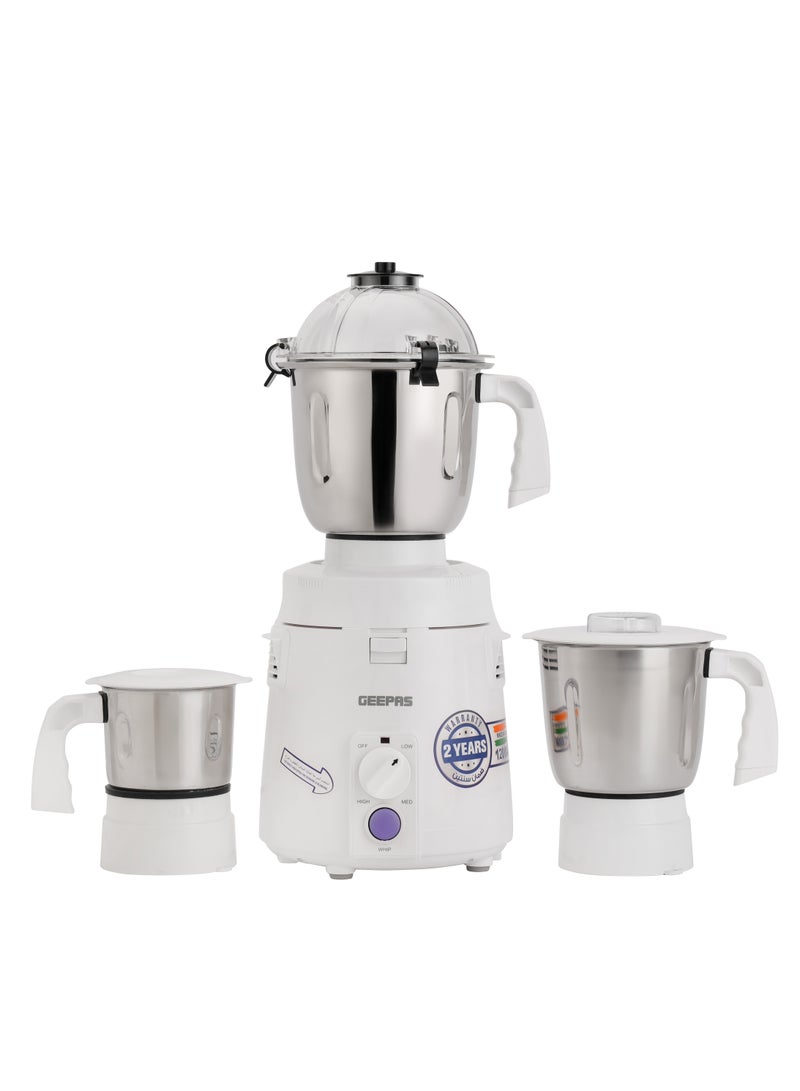 3 In 1 Mixer Grinder With Stainless Steel Blade & Jar, Multi Safe Protection, Anti Slip Feet, Heavy Duty Double Ball Bearing Motor, Low Vibration, High Power Transmission, Rotary Speed Control 1200 W GSB44114 White