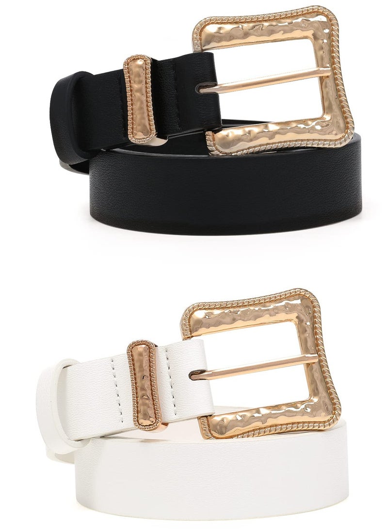 2 pcs Leather Western Belts for Women, Ladies Vintage Design, Leather Waist Plus Size Belt for Pants Dresses (Black, White)