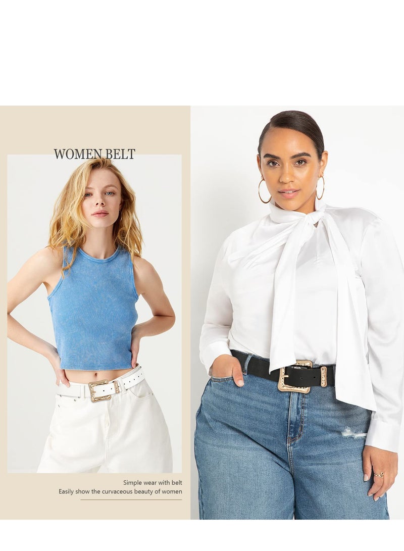 2 pcs Leather Western Belts for Women, Ladies Vintage Design, Leather Waist Plus Size Belt for Pants Dresses (Black, White)