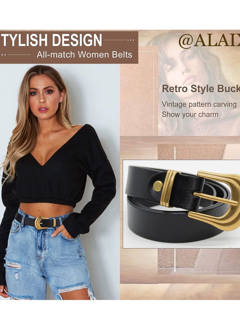 Leather Western Belts for Women, with Exquisite Buckle Western Design Belt for Women, Silver Gold Buckle Black Leather Belt Pants Jeans Belts for Women