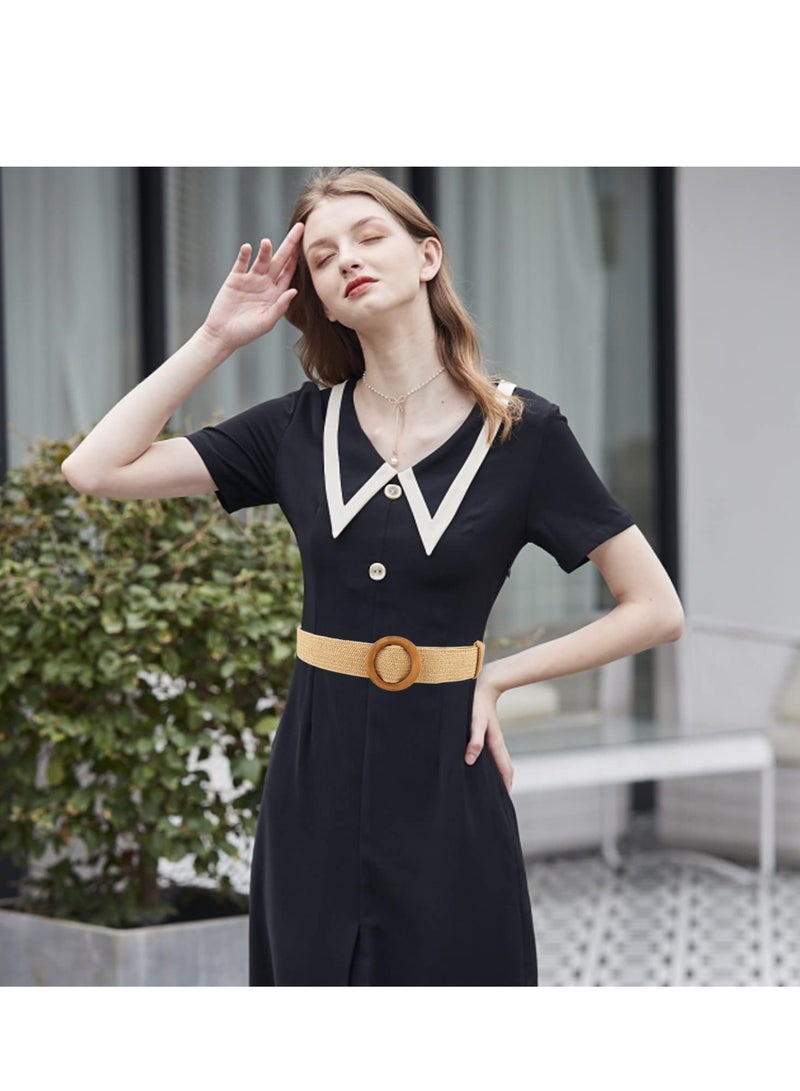 Women Belt, Women Woven Rattan Wide Stretch Straw Belt, Wooden Buckle Waist Belt, Suitable for dresses, Skirt Decoration, Fashion and Good Looking