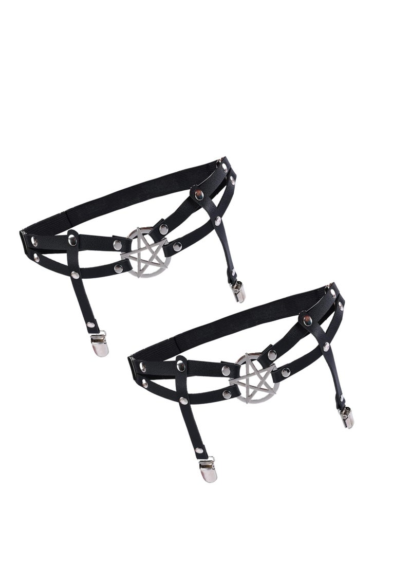 Women Adjustable Leather Thigh Garter, 2Pcs Star Shaped Leg Garter with Clips Punk Goth Garters for Thigh-high Socks