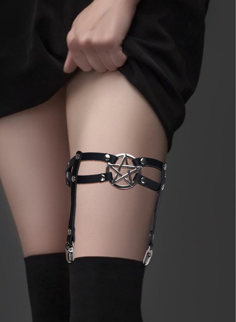 Women Adjustable Leather Thigh Garter, 2Pcs Star Shaped Leg Garter with Clips Punk Goth Garters for Thigh-high Socks