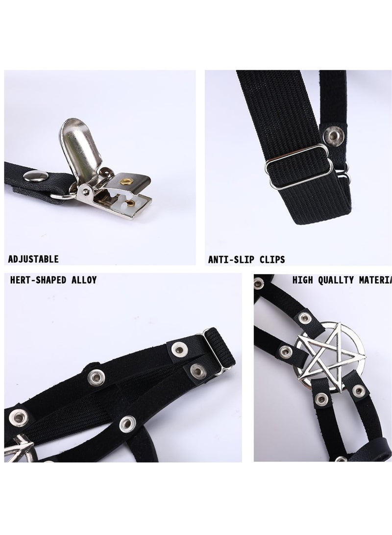 Women Adjustable Leather Thigh Garter, 2Pcs Star Shaped Leg Garter with Clips Punk Goth Garters for Thigh-high Socks