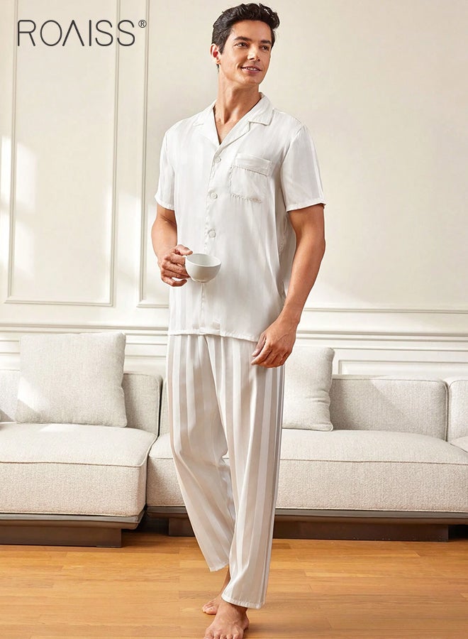 2 Piece Pajama Set for Men Short Sleeves Top and Pants Stripe Printing Satin Sleepwear Sets Men's Spring Autumn Loungewear Set Minimalist Comfy and Breathable Homewear Set