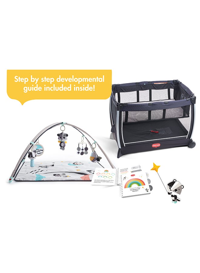 6-in-1 Here I Grow Deluxe Playard, 6 Mode Baby Playpen: with Bassinet, Playmat, Toy Arch, Changer, and Travel Bag, Magical Night Tales