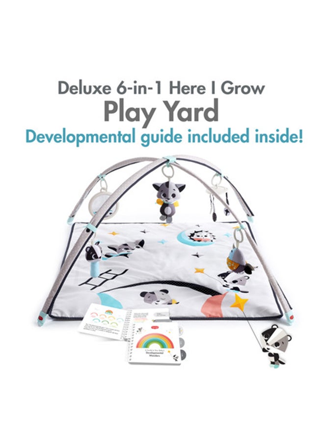 6-in-1 Here I Grow Deluxe Playard, 6 Mode Baby Playpen: with Bassinet, Playmat, Toy Arch, Changer, and Travel Bag, Magical Night Tales