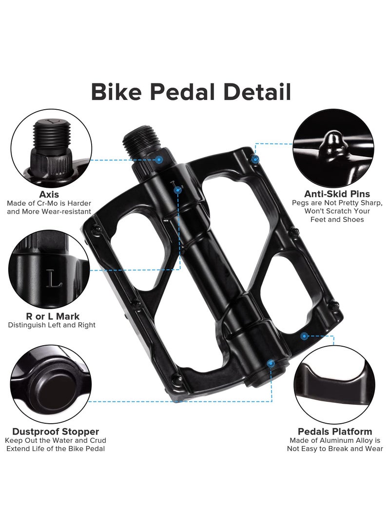 Bike Pedals, Aluminum Alloy Bicycle Pedals, Mountain Bike Pedal with Removable Anti-Skid Nails, Universal Aluminum Alloy Platform Pedal for Travel Cycle-Cross Bikes, 9/16inch