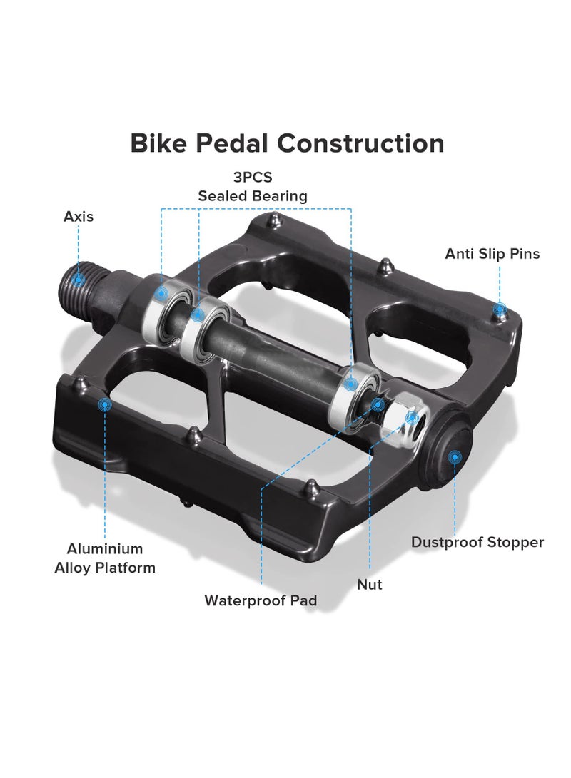 Bike Pedals, Aluminum Alloy Bicycle Pedals, Mountain Bike Pedal with Removable Anti-Skid Nails, Universal Aluminum Alloy Platform Pedal for Travel Cycle-Cross Bikes, 9/16inch