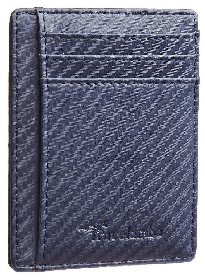 Travelambo Front Pocket Minimalist Leather Slim Wallet RFID Blocking Carbon Fiber Texture(Navy Blue)