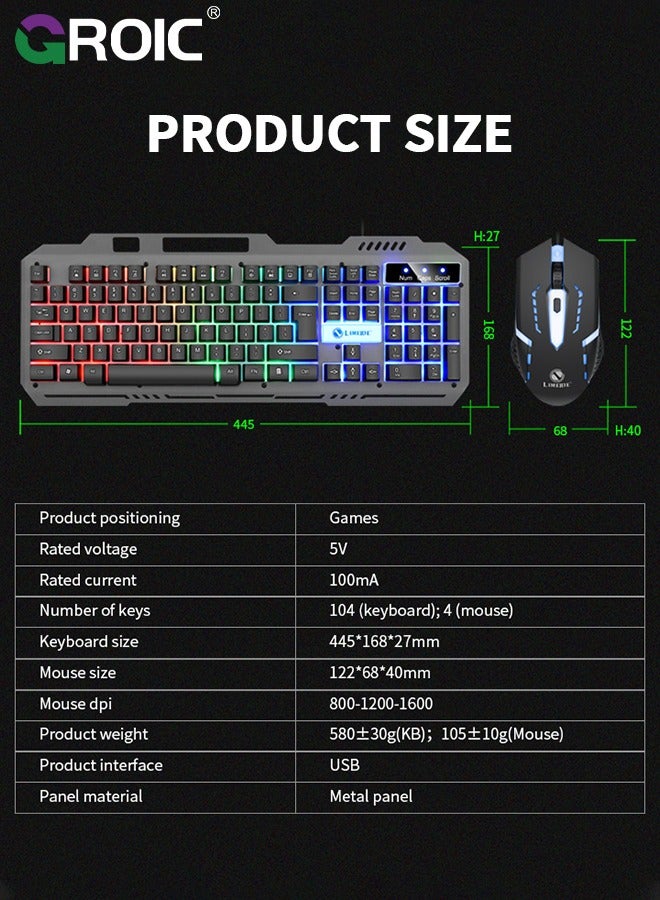 Gaming Keyboard, 104 Keys Gaming Keyboard and Mouse Combo with RGB Backlit Quiet Computer Keyboard, All-Metal Panel, Waterproof Light Up PC Keyboard, USB Wired Keyboard for MAC Xbox PC Gamers