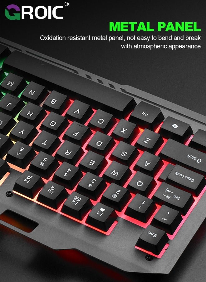 Gaming Keyboard, 104 Keys Gaming Keyboard and Mouse Combo with RGB Backlit Quiet Computer Keyboard, All-Metal Panel, Waterproof Light Up PC Keyboard, USB Wired Keyboard for MAC Xbox PC Gamers