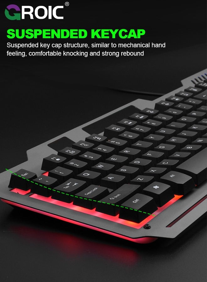 Gaming Keyboard, 104 Keys Gaming Keyboard and Mouse Combo with RGB Backlit Quiet Computer Keyboard, All-Metal Panel, Waterproof Light Up PC Keyboard, USB Wired Keyboard for MAC Xbox PC Gamers