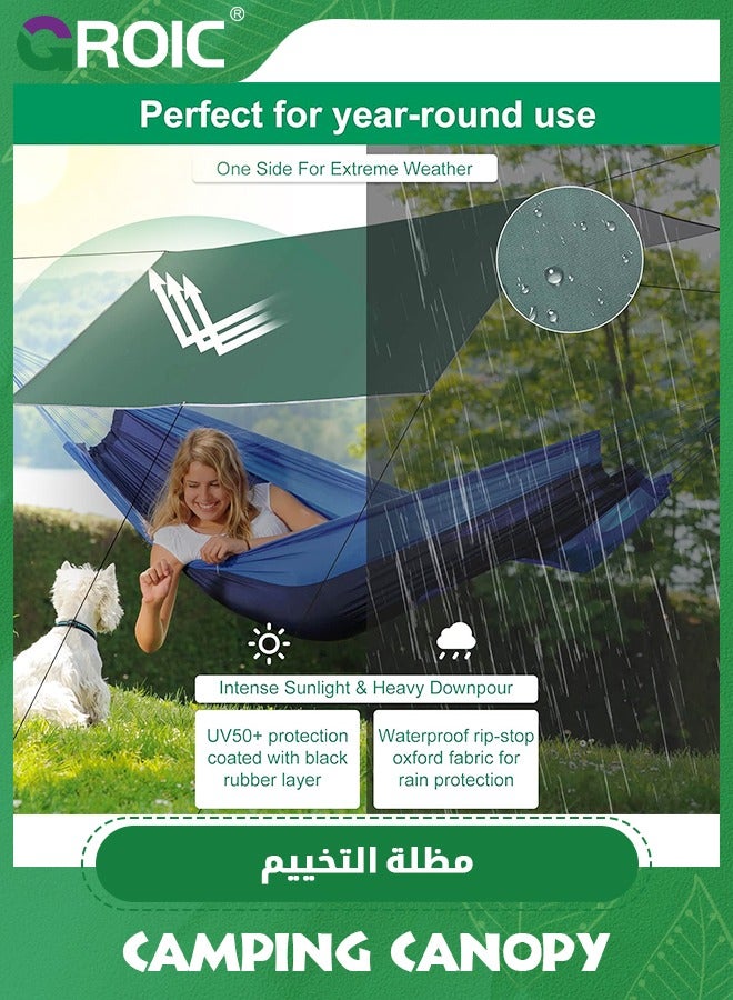 3*3M Camping Tent, Camping Canopy, Tarp Hammock Rain Fly Waterproof Tent Footprint Shelter, Outdoor Camping Tent with 8 Ground Nails+ 8 Wind Rope+ 1 Set 2M Ultralight Aluminum Pole+ Outsourcing